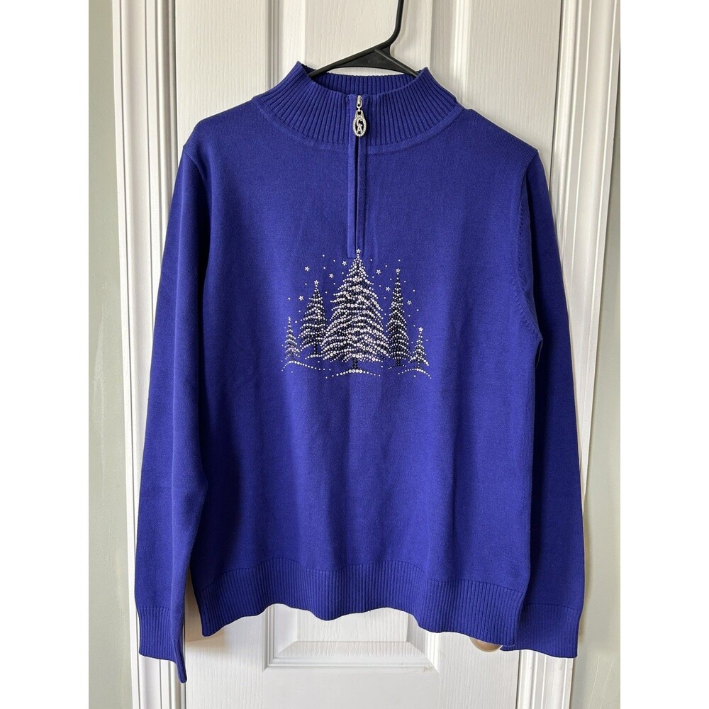 Christine Alexander Women’s L Rhinestone Christmas Tree Quarter Zip Sweater Blue